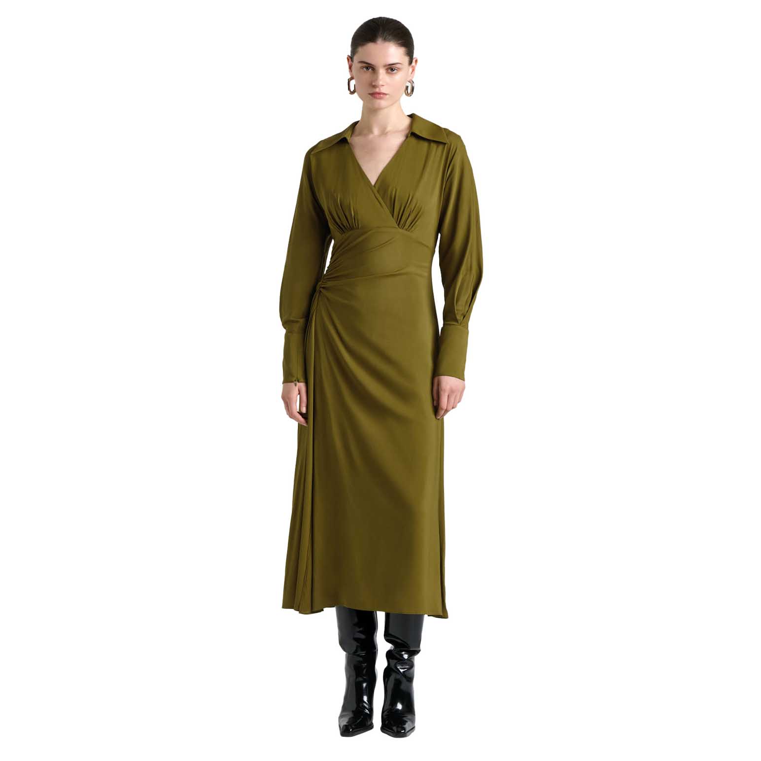 Cue Olive Long Sleeve Ruched Midi Dress